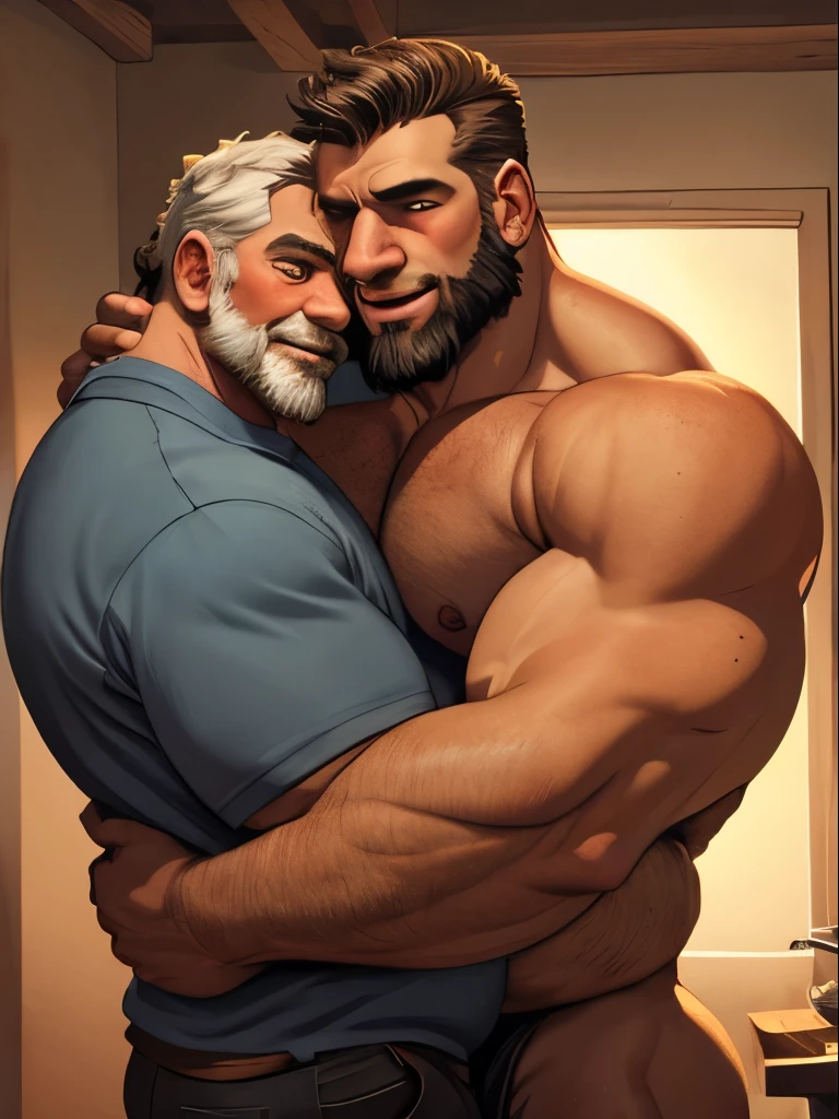 a huge muscular very manly old man，size difference several bearded men from behind Hugging him lovingly talking into  his ear, Masterpiece, 