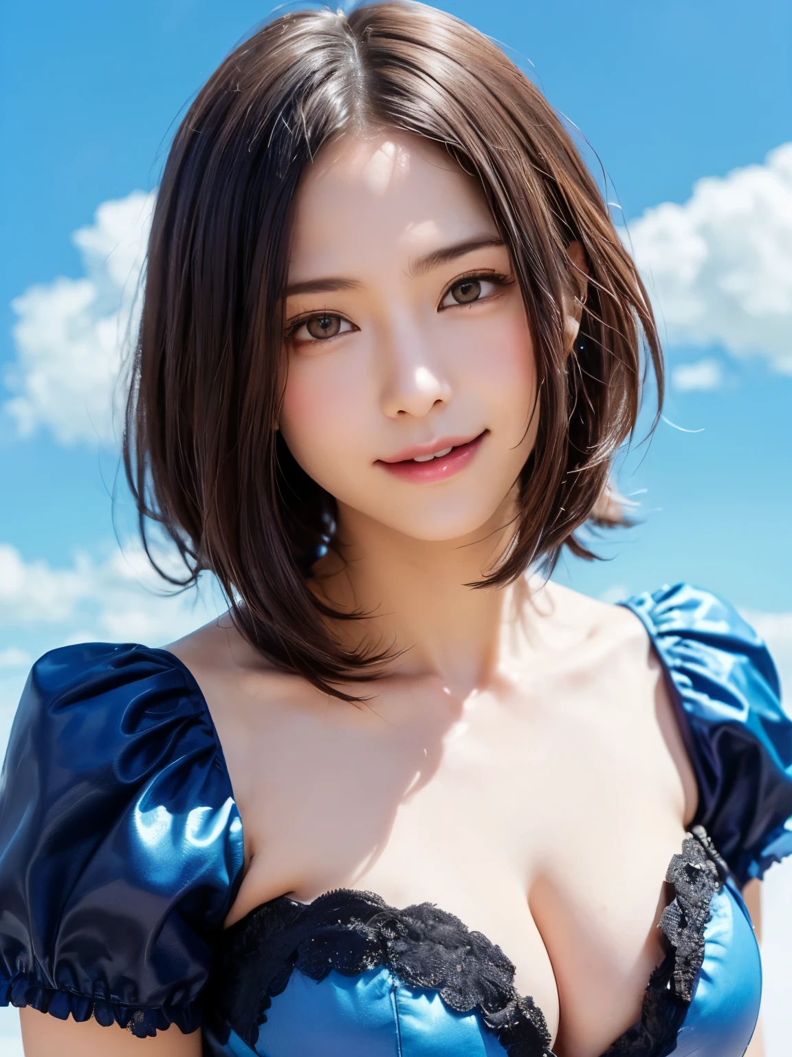 (masterpiece:1.8, best quality:1.8),1 girl, alone:2, hyper realistic, realistic,realistic, Observe your audience carefully, beautiful light brown eyes:1.8,Brunette short bob hair with highly detailed shiny hair, Create a stylish spring look with white color.:1.4, Repangas:1.4、Symmetry, beautiful and cute face), Shut up, upper body、big chest eye、Eyelashes、{giantな|big chest|giantなな|mega} heel :2, chestの谷間:2、(((Add highlights to your eyes:1.6、big chest eye、short bob hair、White, shiny, beautiful skin:1.4、She is very 아름다운 and cute、show me your ears、Your neck is long and pretty、laugh、Close your mouth and laugh、bangs and beautiful teeth)))、ideal body type、((beautiful blue sky background:2、 Beautiful clouds and blue sky background:2、gradient blue sky background:ur neck is long and pretty:1.4、(({giant|big|giantな|mega} chest, chestの谷間:2))、(((portrait:2、face close up:2、face close up:2、Dutch angle shot、dramatic angle)))、complete anatomy