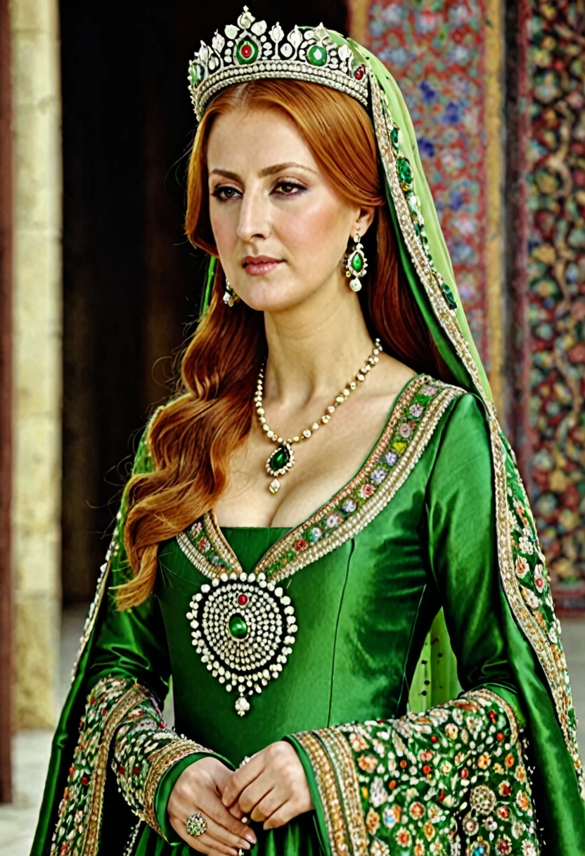 Middle Ages, Sultana Hurrem, Cabelos ruivos, russa, wife of sultan suleiman, linda, de vestido caro, coroa e um anel verde, sentada