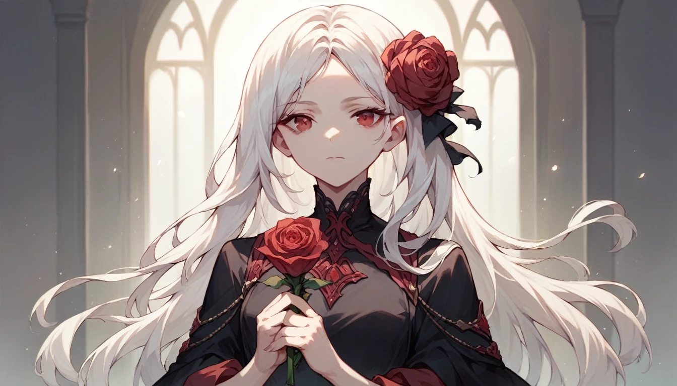 (best quality, masterpiece), (1girl, solo, black dress, standing , looking at viewer, white hair, red eyes, holding rose, closed mouth, upper body), (red dreamcatcher behind, red flower, )