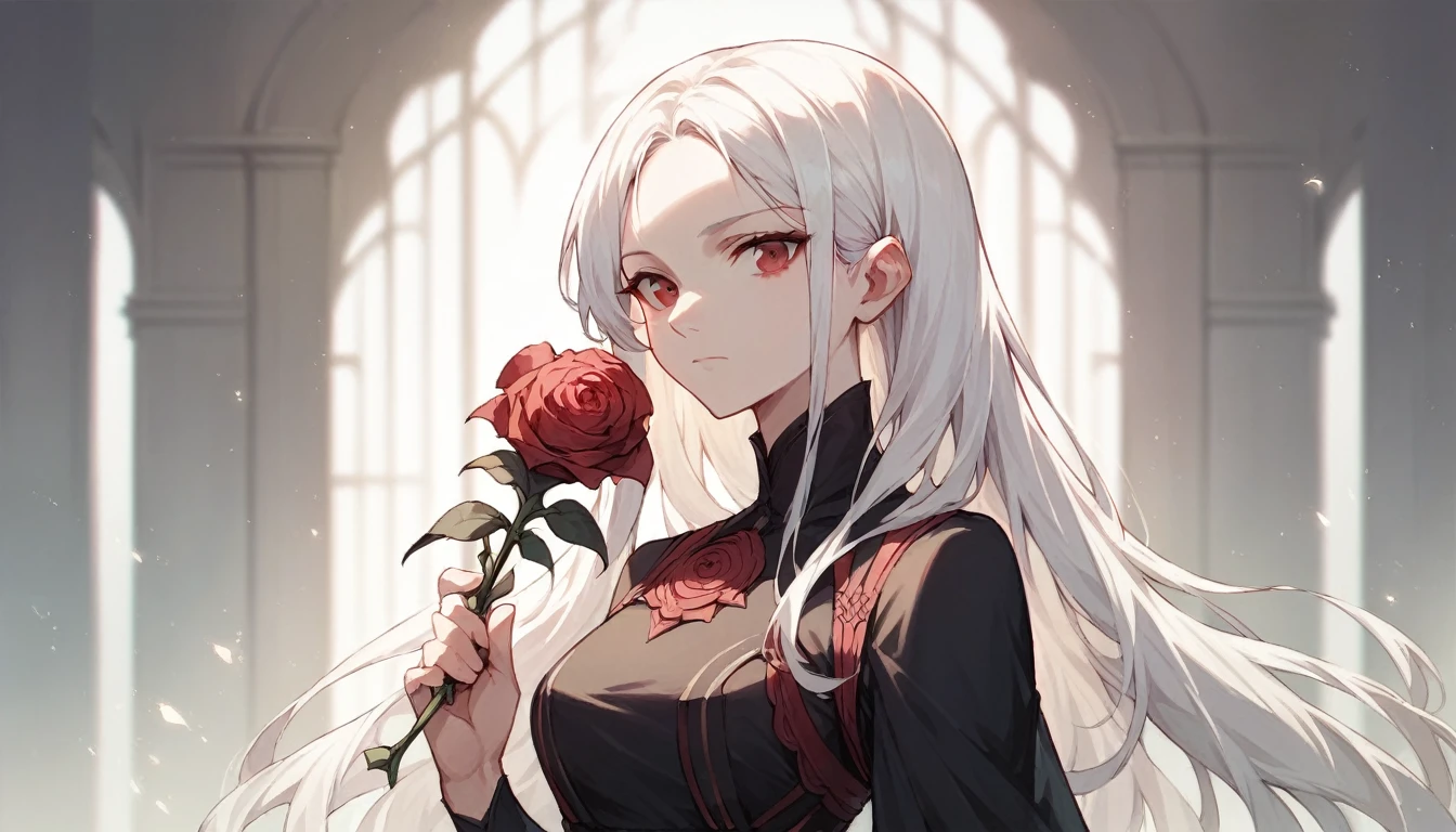 (best quality, masterpiece), (1girl, solo, black dress, standing , looking at viewer, white hair, red eyes, holding rose, closed mouth, upper body), (red dreamcatcher behind, red flower, )