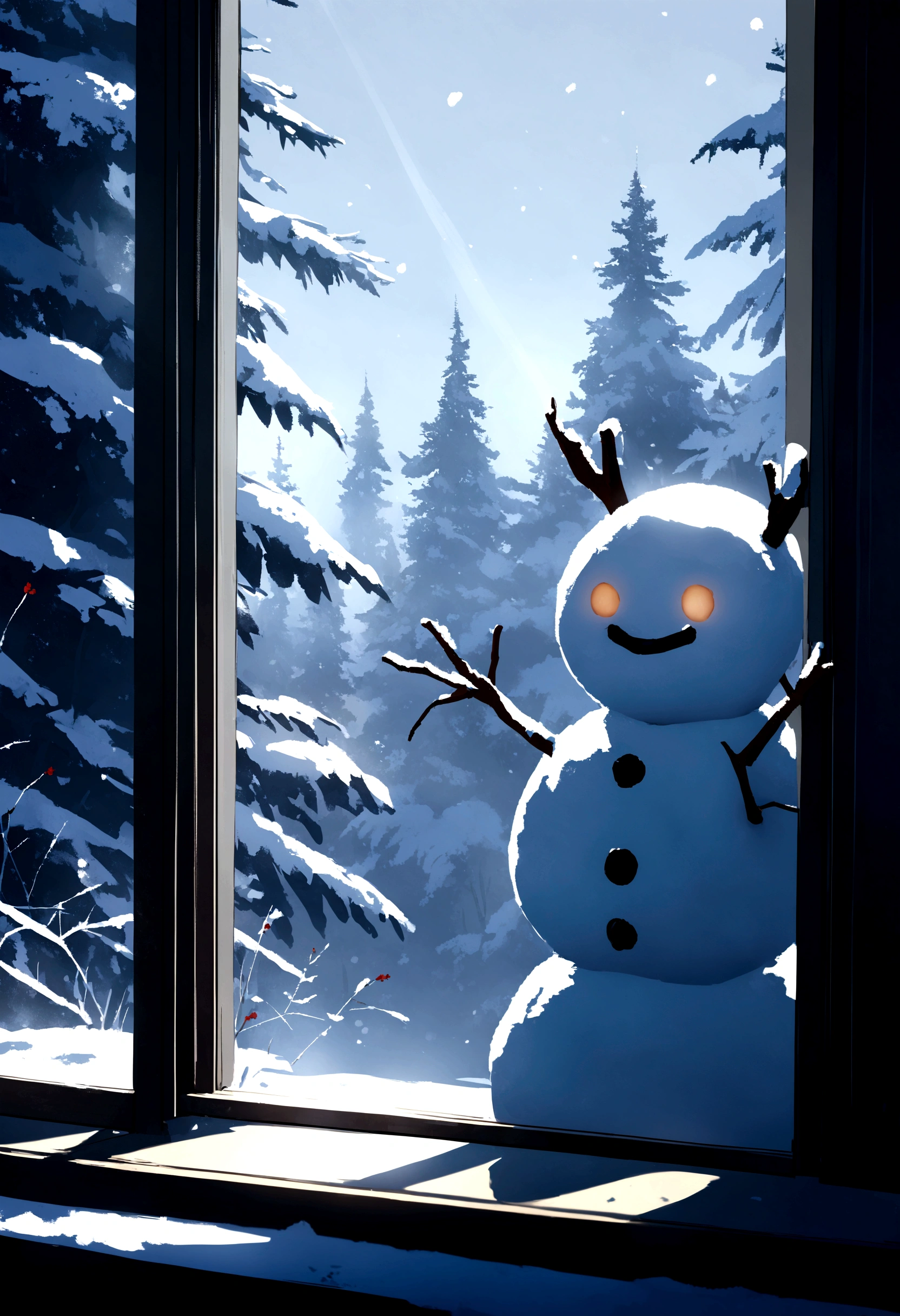 A snowman in front of a window