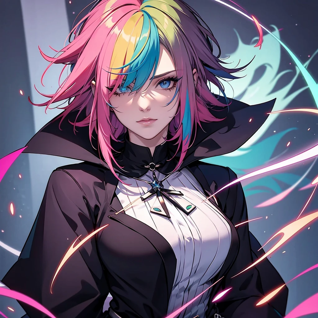 neon color hair,shaggy hair,auntie,witch,aepron, hair over both eye
