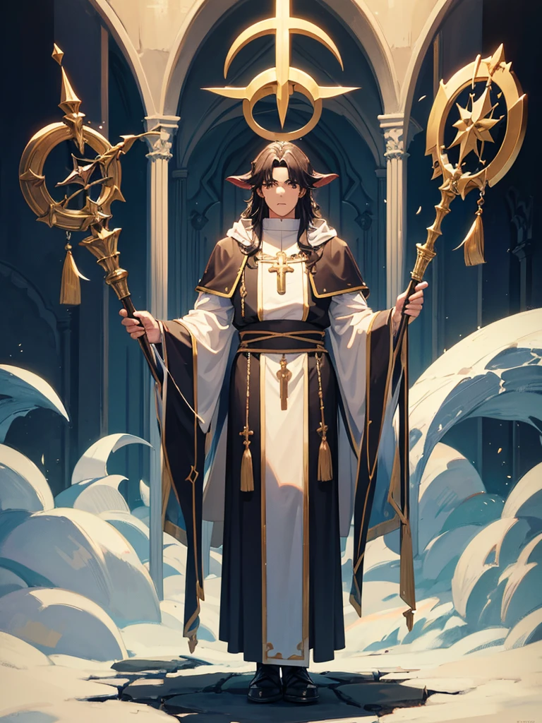 Priest, big chest, withe hair, goat horn, Hand in hand.,full body, a church, witch staff, hold staff