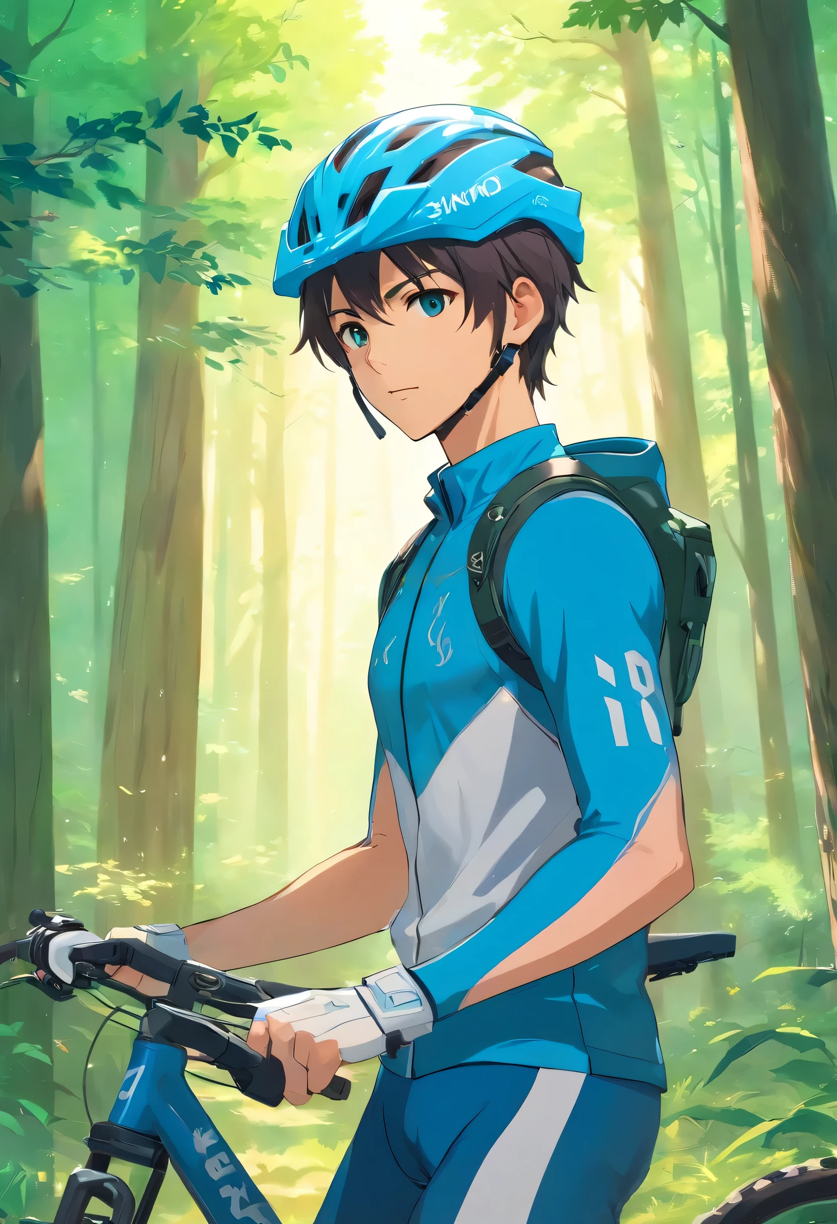 "un jeune homme, avec un casque de VTT bleu et tenue de sport, teint clair. His eyes have the particularity of'to be heterochromic, l'right eye being red and the left one white. He has a serious expression, et est assis à une table en bois dans une forêt à midi. Use contrasting lighting effects to bring out the'homme. Faites attention aux détails du visage demandés car ils marquent son passé et sa personnalité."