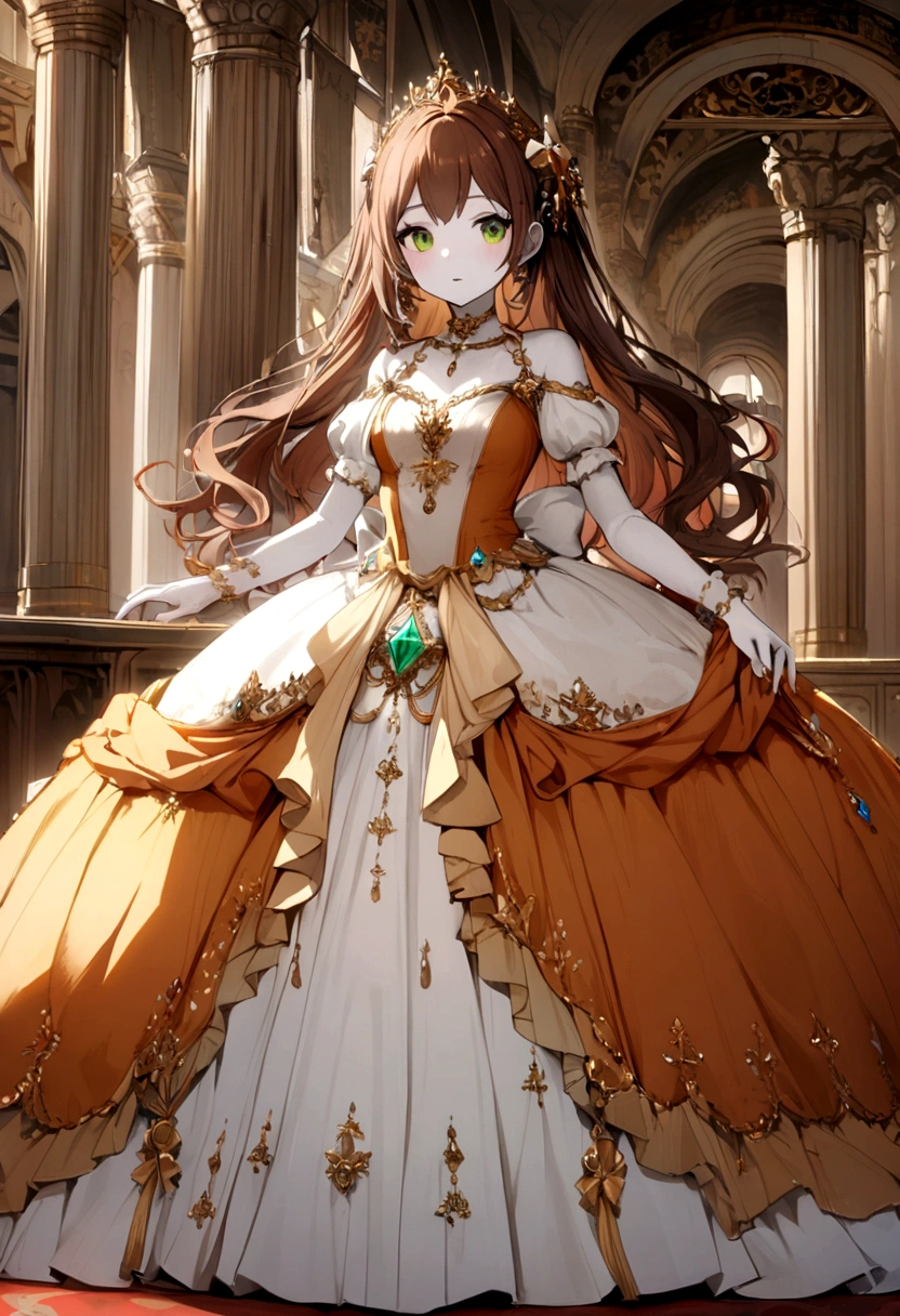 A girl with white skin and caramel-colored reddish brown hair and green eyes while wearing a princess dress while in a palace