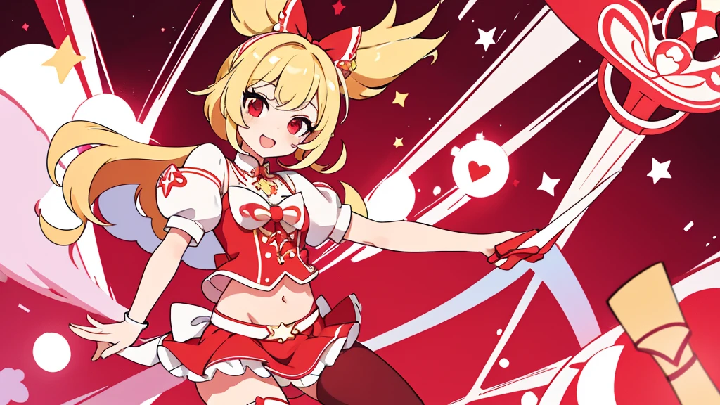pop idol girl with a magical girl theme, blond hair, red eyes, her belly free idol outfit is colored red and white and made with an magical girl theme in mind, she is wearing matching stockings and heels also made in a macical girl style