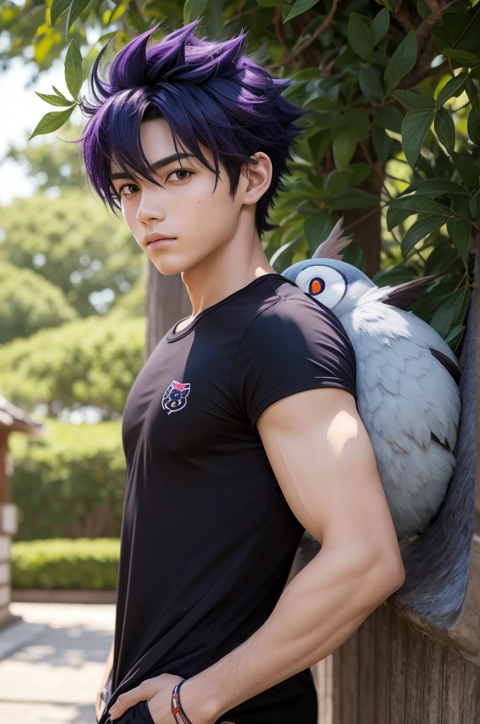 Crie um personagem masculino, do anime pokemon, who looks 14 years old, com cabelo roxo com preto, sem camisa com bermuda rasgada sem chinelos, com um Rowlet no ombro, com pendurado numa arvore de noite