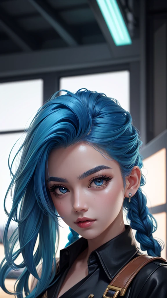 a close-up of a person with blue hair and a black blouse, beautiful girl with blue hair, Arcane Jinx, seductive anime girl, inspired by anime, from League of Legends, beautiful girl with blue hair, extremely detailed artegerm, anime girl with blue hair- oil, IG model | artegerm, as seen on artegerm, with blue hair, beautiful face, female, ultrarealistic, soft lighting, 8k, RAW photo, (highly detailed skin: 1.2), 8k uhd , dslr, soft lighting, high quality, film grain, Fujifilm XT3, 