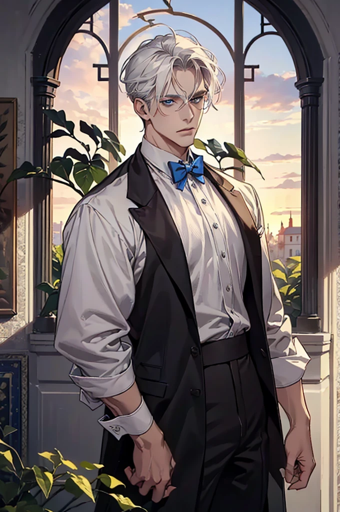 ((masterpiece:1.2, Best quality)), 4k, adult, European face, 1 person, male, mature, masculine, Beautiful, very tall, Muscles, broad shoulders, dark casual wear, White skin, medium white hair, Blue eyes, portrait, sunset, old house with apple trees. 
