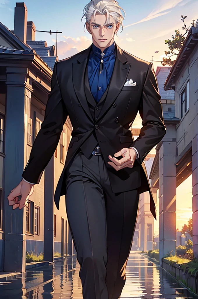 ((masterpiece:1.2, Best quality)), 4k, adult, European face, 1 person, male, mature, masculine, Beautiful, very tall, Muscles, broad shoulders, dark casual wear, White skin, medium white hair, Blue eyes, portrait, sunset, old house with apple trees. 
