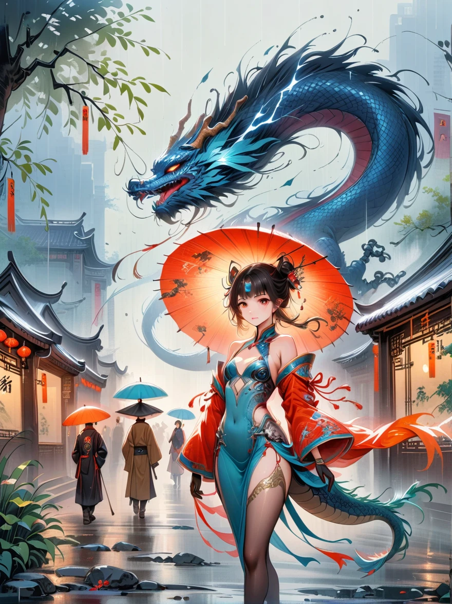 Chinese style master work，(best quality, 4k, high resolution, masterpiece:1.2)，Super detailed，lifelike，shining，Traditional Chinese ink painting, Willow branches, Wu Changshuo, ((masterpiece)), best quality, illustration, 1 girl, Small Breasts, Beautiful and delicate eyes, Beautiful and detailed cyberpunk city, flat chest, Beautiful and fine hair, curls, Beautiful detailed streets, Mecha clothes, Robot girl, cool movement, Silver tights, (Filigree), Dragon Wings, Color Background, A dragon stands behind the girl, rain, (Lightning Effect), Exquisite and detailed silver dragon armor, (Cold Face)，work，Dazzling colors，Stunning visuals，otherworldly appearance，Fascinating artistry，Focus on your audience, First-person perspective, Anatomically correct, precise, 8K