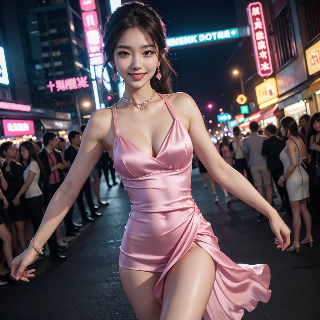 8K, masutepiece, Raw photo, Best Quality, Photorealistic, Highly detailed CG Unity 8k wallpaper, depth of fields, Cinematic Light, Lens Flare, Ray tracing, (Extremely beautiful face, Beautiful lips, Beautiful eyes), intricate detail face, ((Ultra detailed skin)) 1girl in, In the Dark, deepshadow, Pretty Korean girl, Kpop Idol, 1 girl, (Very slim and slender fit muscular body:1.3), ((Looking at Viewer)),(Big smile:1.3), (Fashion City Night, a dark night, (Neon sign), (Blurred background), Fashion Street Night),(No people in the background:1.3), Beautiful earrings, Bracelets, Necklace, pantyhose, Clear eyes, Walking, (pale skin), (Big eyes), Face forward, (Brown hairs), (Full body shot), ((Silk Hot Pink Color Dress:1.3)), ((tight fit dresses)), ((laced dress)), (Looking at Viewer:1.3) opened breast, Very slim, medium breasts, backtrack, (Back shot), ass forcus, Before the eyebrows,(Tight Dress), thick thighs