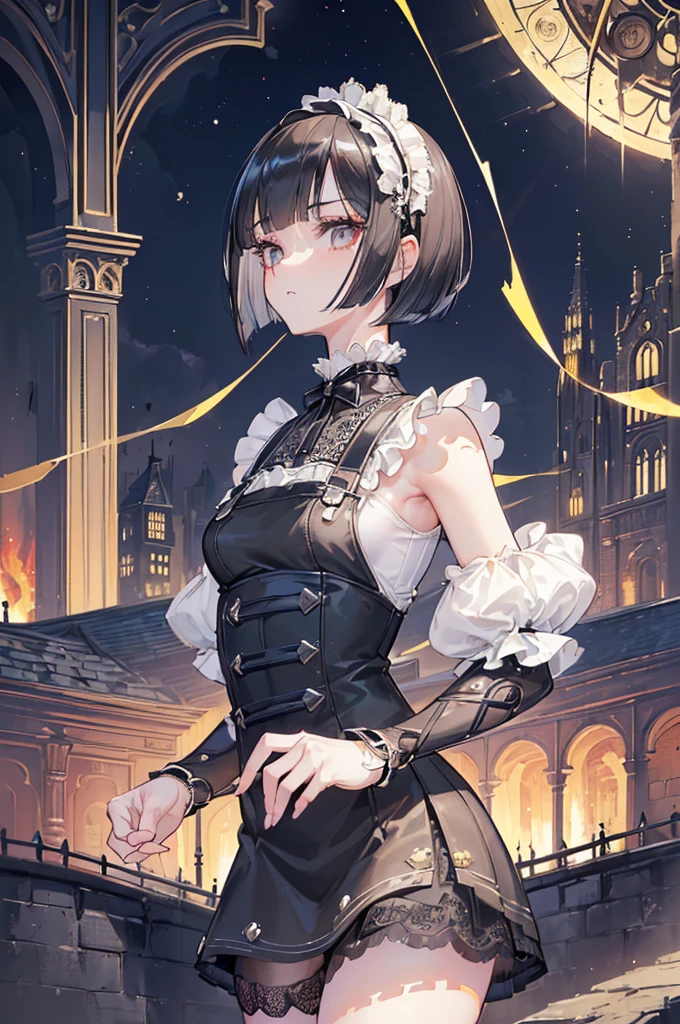 (((Masterpiece, top quality, super detailed))), One female, (((Very Slender body))) , (((Long, thin legs))), (((short black bob, thick puffy bangs ))), (((very detailed face))), cosmetics-free, small thin nose, small thin-lipped mouth, (((very sharp focused eyes))), large slit precision pale grey eyes, sparkling like jewels, Long eyelashes, ((Very decorative intricate mechanical steampunk fashion, Lace Flared mini skirt, Lace stockings above the knee, Lace Off-shoulder lolita fashion, Overly decorative fashion)), (((overall accuracy has improved dramatically, creating a super detailed and realistic image))), Super realistic photo,(((upper body))),((burning city background)),city,night,the wood,(furious),night,dark,burning town,