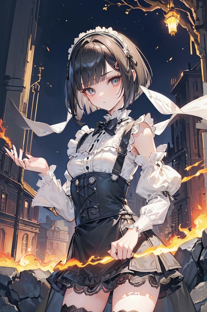 (((Masterpiece, top quality, super detailed))), One female, (((Very Slender body))) , (((Long, thin legs))), (((short black bob, thick puffy bangs ))), (((very detailed face))), cosmetics-free, small thin nose, small thin-lipped mouth, (((very sharp focused eyes))), large slit precision pale grey eyes, sparkling like jewels, Long eyelashes, ((Very decorative intricate mechanical steampunk fashion, Lace Flared mini skirt, Lace stockings above the knee, Lace Off-shoulder ta fashion, Overly decorative fashion)), (((overall accuracy has improved dramatically, creating a super detailed and realistic image))), Super realistic photo,(((upper body))),((burning city background)),city,night,the wood,(furious),night,dark,burning town,