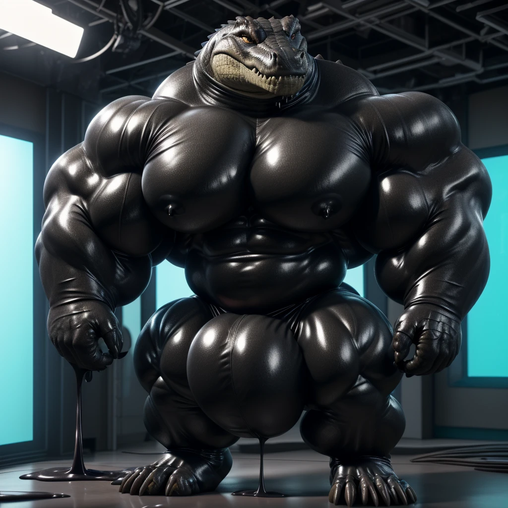 solo, male, , , , (hyper pecs:1.2), (long thick thighs:1.5), standing, indoor,,(,,(,solo,very hyper muscles:1.3)((, Huge bulge:1.3)))(corruption)), black glowing liquid,(((liquid_latex, , rubber:1.2),,black latex,goo transformation,(gooey)()(l),unreal engine,perfect light,detailed, photorealistic, 4k, hd, , , , good anatomy, , (), ,, high quality, best quality, concept art, photorealistic, Crocodile