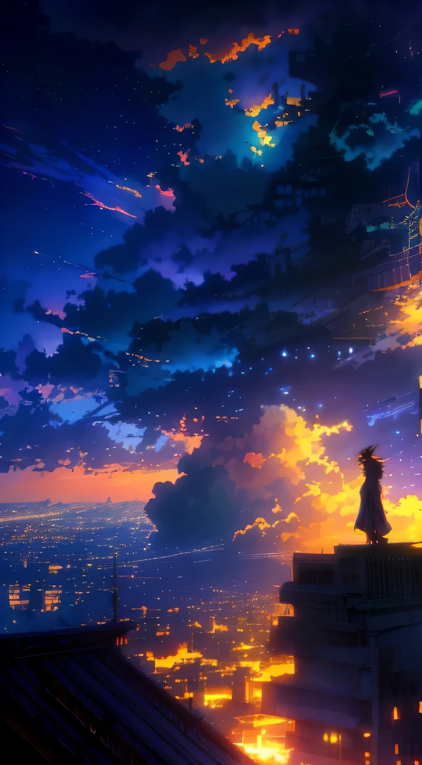 anime city with a man standing on a ledge above the city, beautiful anime scene, anime clouds, anime sky, anime beautiful peace scene, beautiful anime scenery, anime background, anime movie background, atmospheric anime, anime landscape wallpaper, makoto shinkai cyril rolando, beautifull puffy clouds. anime, anime atmospheric, ( ( makoto shinkai ) )(long shot view)