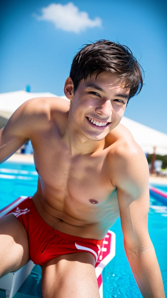 male Age 24 swimwear lifeguard topless smile