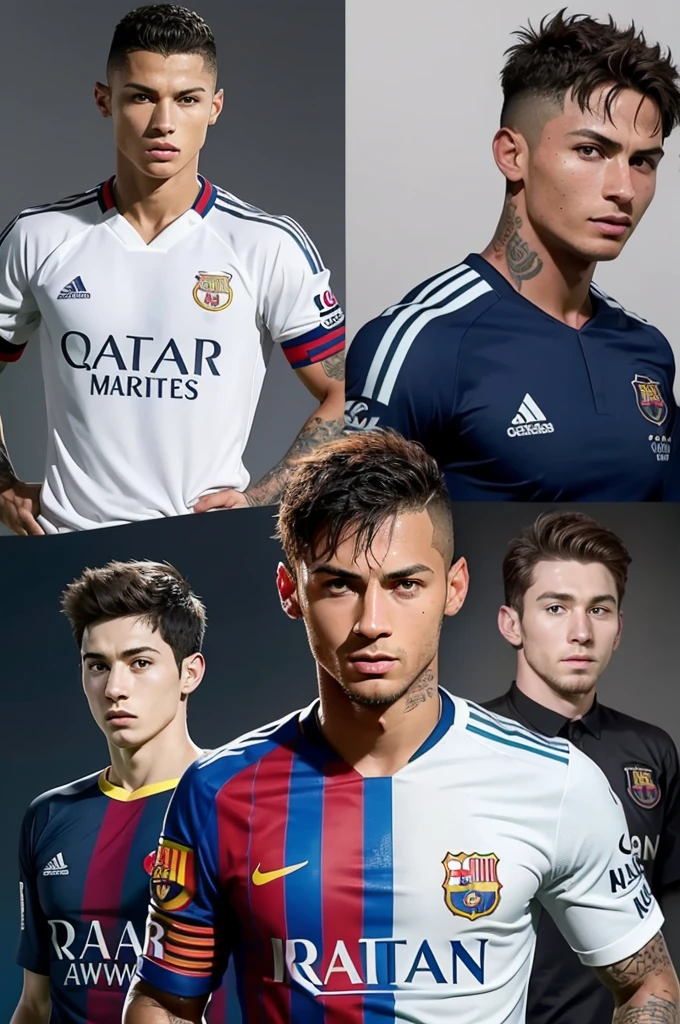 I want you to make an image of the following players side by side with a single team: Neymar, Yamal, Messi, Belingham, Cristiano Ronaldo and Vinícius Jr 