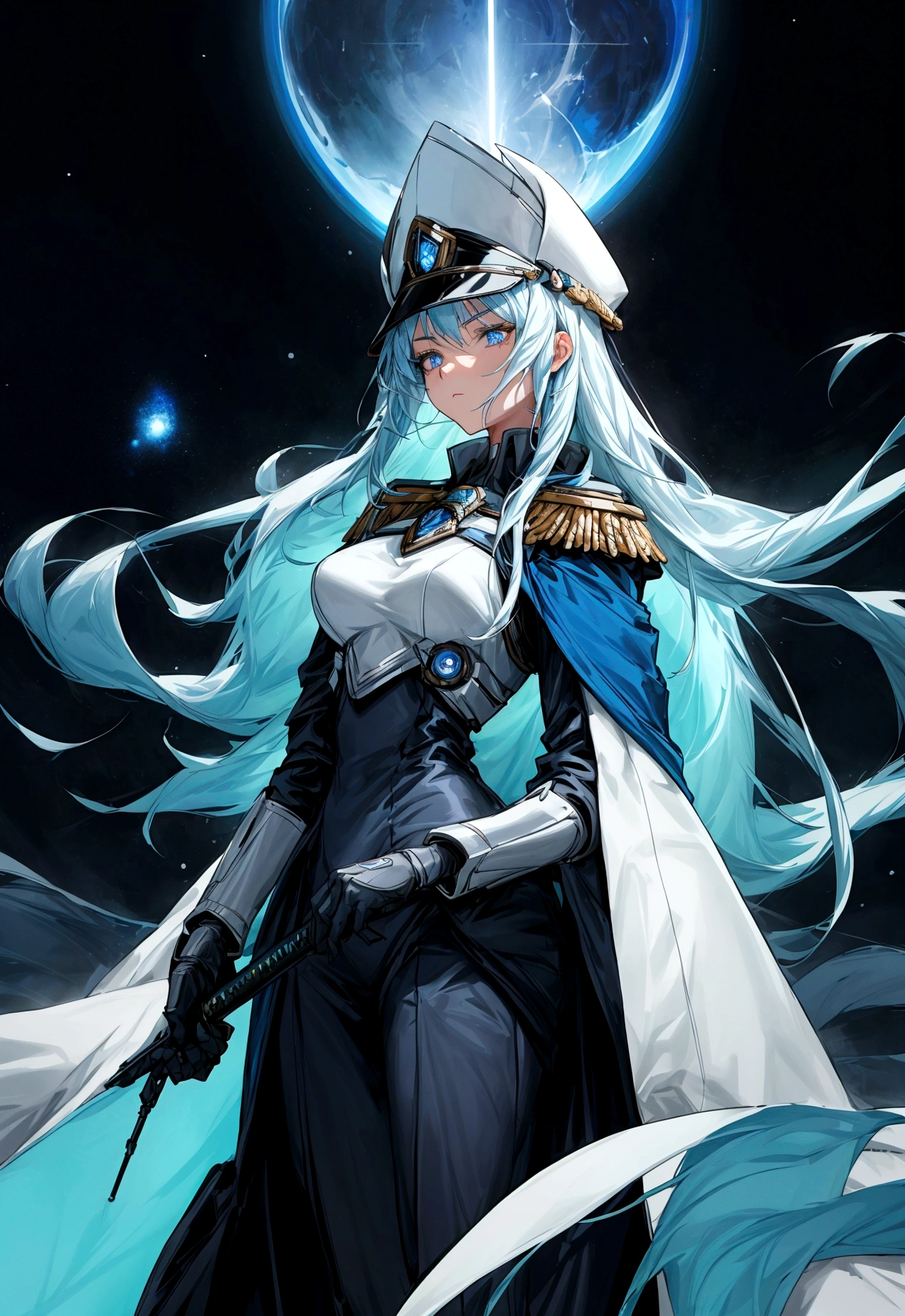 Visualize a female sci-fi galactic military commander, a figure of authority and strategy, leading her vast fleet into the heart of battle. Her hair is a striking white, with strands of blue that add an otherworldly beauty to her appearance. She is dressed in a modern uniform that speaks to her rank, complete with a commander’s hat that signifies her leadership. Draped over her shoulders is a dark blue robe, flowing and regal, a contrast to the starkness of space. In her hand, she holds a legendary sword that radiates with a soft blue light, symbolizing her prowess and the ancient power she commands. The commander stands firm in the midst of an intergalactic conflict, her face set in a serious expression that reveals her unwavering resolve and the weight of command. Her presence alone commands respect and exudes the confidence of a seasoned war leader.