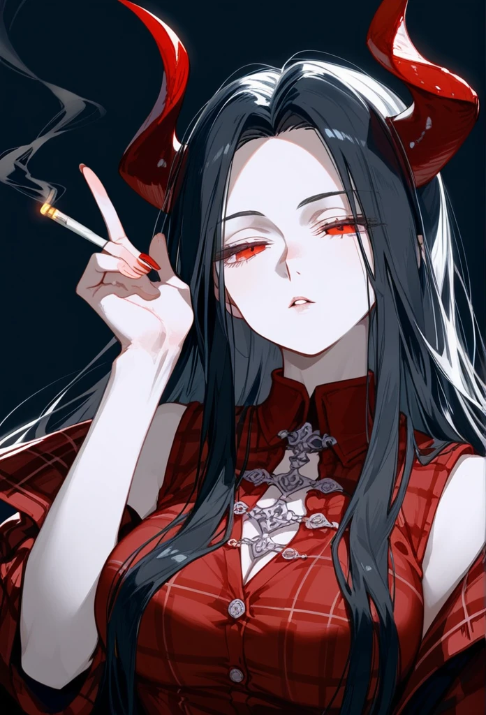 masterpiece, Score_9, Score_8_up, Score_7_up, front view, 1 woman, alone, black hair with red, long hair, parted bangs, dark red eyes, half-closed eyes, parted lips, expressionless, pale skin, large breasts, body suit , black background, best quality, horns up, long open bangs, Sleeveless shirt, Black V-neck, black and red flannel pants, Castlevania, Smoking