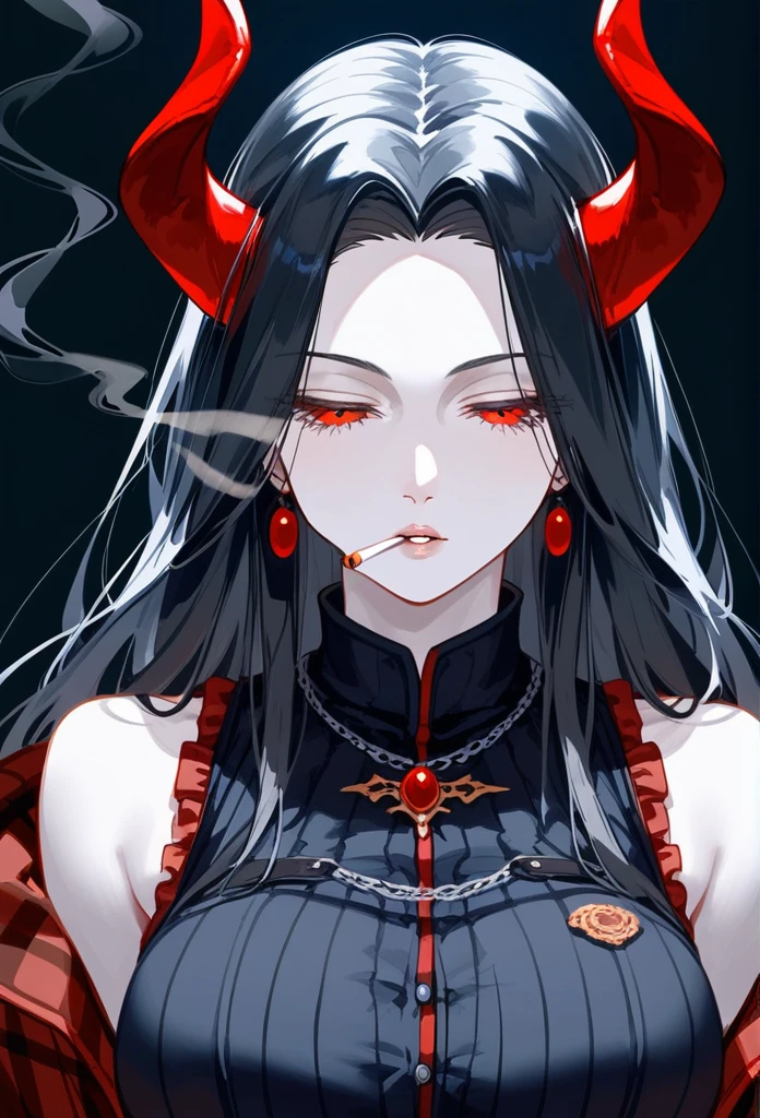 masterpiece, Score_9, Score_8_up, Score_7_up, front view, 1 woman, alone, black hair with red, long hair, parted bangs, dark red eyes, half-closed eyes, parted lips, expressionless, pale skin, large breasts, body suit , black background, best quality, horns up, long open bangs, Sleeveless shirt, Black V-neck, black and red flannel pants, Castlevania, Smoking