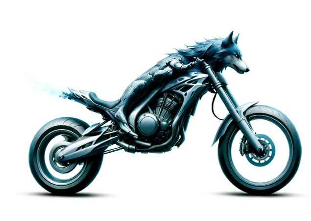 A sleek wolf-shaped motorcycle races across the night sky, its headlights piercing the darkness This imaginative design combines elements of the supernatural and the mechanical, creating a striking contrast between the organic form of a wolf and the elegance of a motorcycle. The night sky offers a dramatic backdrop, with motorcycle headlights cutting through the darkness, adding an element of excitement and adventure to the design.

The artistic style is a fusion of Art Nouveau and Cyberpunk, mixing the organic, linhas fluidas de Art Nouveau com alta tecnologia, elementos futuristas do Cyberpunk. O design enfatiza a forma do lobo e os detalhes da motocicleta, while maintaining an overall feeling of fluidity and movement..