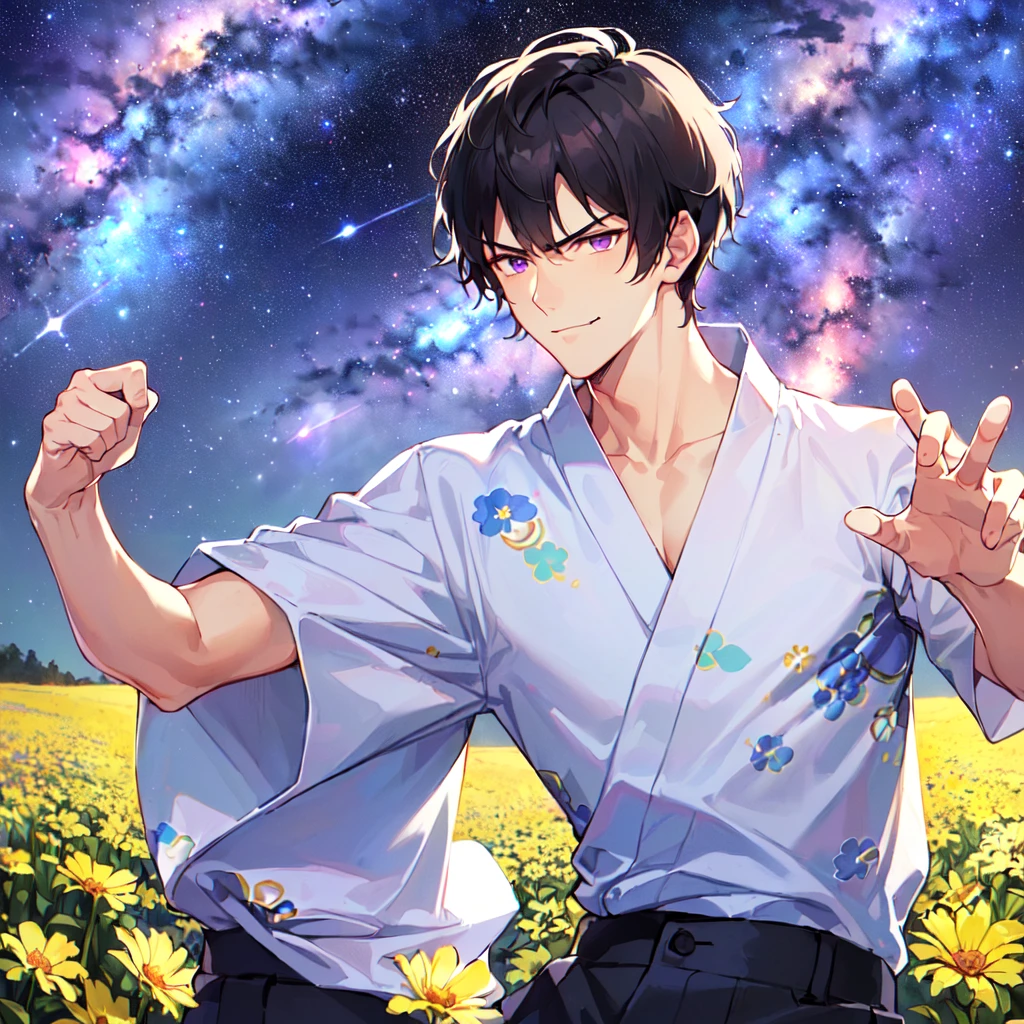 masterpiece,best quality,high quality,(1 male austere handsome solo adult age 30 years:1.5), purple eyes, cool with suspended eyes, V-shaped eyebrows, body strong and fearless 8.5 head tall, height 185 cm, (well-groomed black short hair to neck: 1.4), (bangs 7 thirds parted: 1.4), slender nose, facial muscles, throat, (trousers with yukata short sleeved southern star print: 1.3), (running), (stylish pose), (scowling smile: 1.3), (dynamic pose), (background Milky Way and southern star flower field: 1.5), (upper body:1.3)