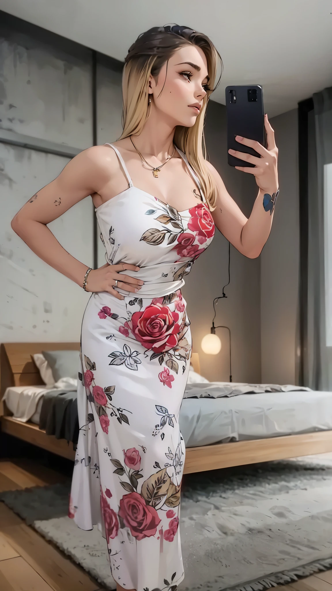 "Uma mulher muito linda, extremamente realista, bunda grande, pernas grossas, Fitness, tirando uma selfie em um quarto moderno, wearing a white dress with thin straps and rose print. She has blonde hair with dark roots and a confident expression.. O quarto possui uma cama de madeira com roupa de cama cinza e uma parede de concreto ao fundo, with a pendant lamp next to the bed. The woman has a tattoo on her arm and is posing sideways with one hand on her waist."