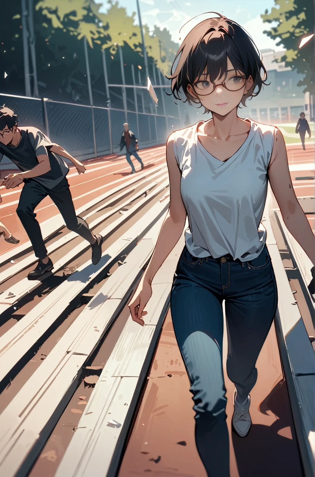 masterpiece，woman,best quality, very beautiful, absurd, No one on the playground track，A man with short hair and glasses wearing a shirt and jeans is walking，Right arm，collapse