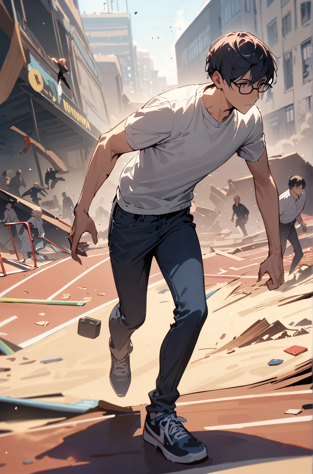 masterpiece,woman,best quality, very beautiful, absurd, No one on the playground track,A man with short hair and glasses wearing a shirt and jeans is walking,Right arm,collapse