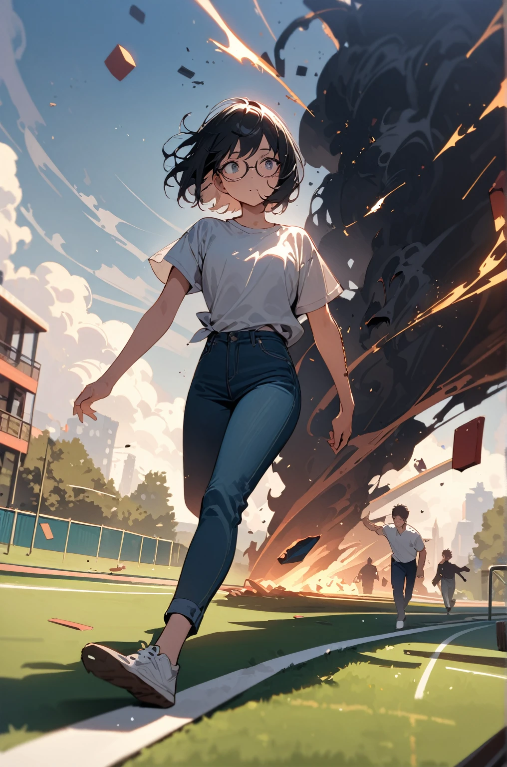 masterpiece，woman,best quality, very beautiful, absurd, No one on the playground track，A man with short hair and glasses wearing a shirt and jeans is walking，Right arm，collapse