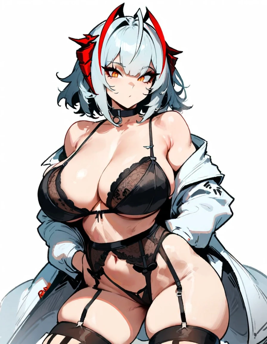 1girl, W \(arknights\), arknights \\\\\ masterpiece, best quality, very aesthetic, absurdres, newest \\\\\\ slim body,///// ,by nyantcha,cutesexyrobutts , by khyle,,////// ,,solo,, , ,,detailed face, , ,, , , , , beautiful face, (white background:1.2), , , , orange eyes, , , rating:,,big ,),  in the center of the frame,,short hair, ,lingerie garter belt,, black openwork bra, wears a lab coat, hands in pockets stockings, detailed eyes, 