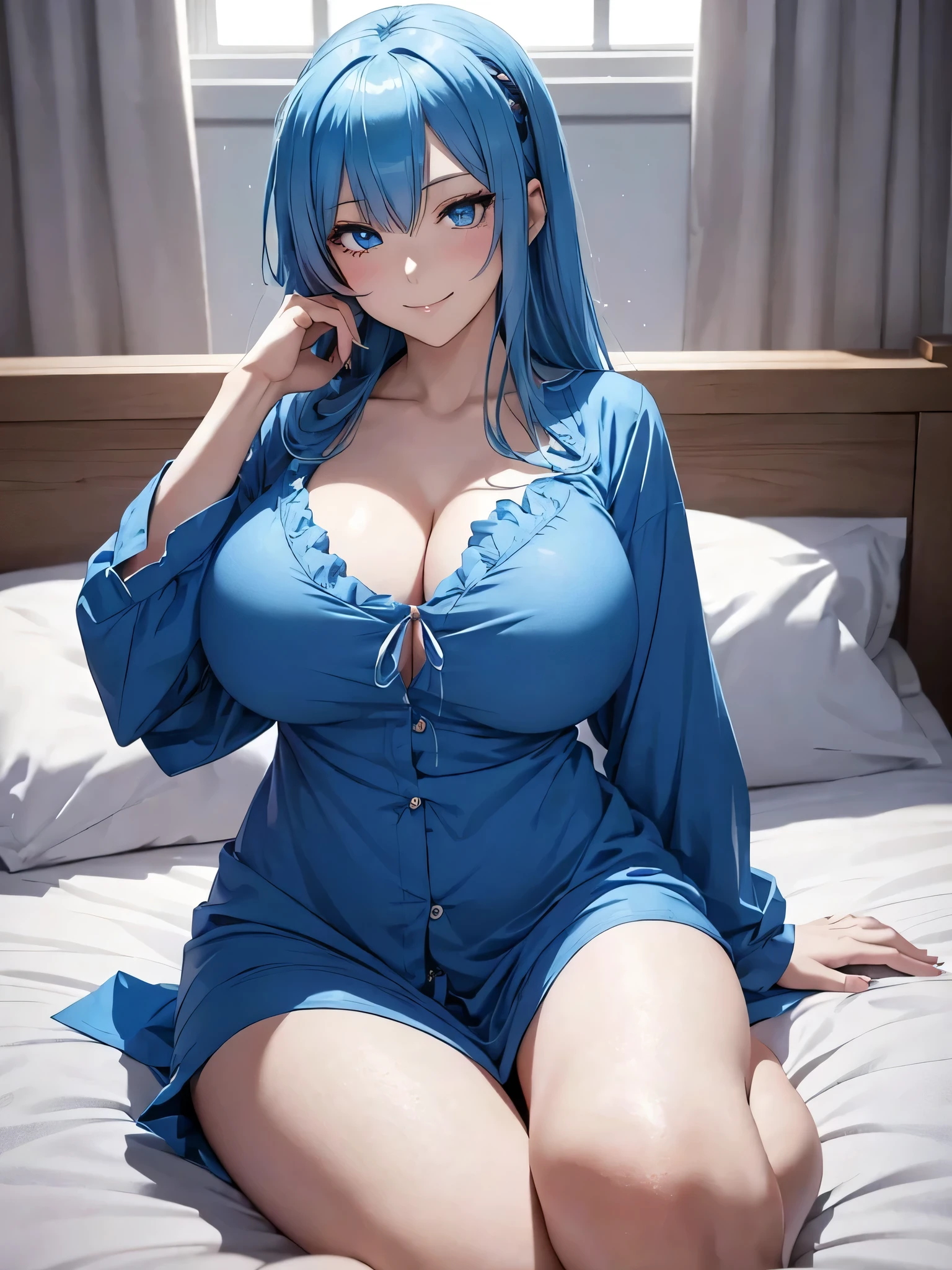 One anime girl with blue hair and blue eyes sitting on the bed, Enchanting anime girl, Beautiful and attractive anime woman, Full body shot, Nightcore, From Girls Frontline, Breasts covered and SFW, Attractive anime girl, She has big breast, Sexy smile, In a sexy pajama dress, pony tale