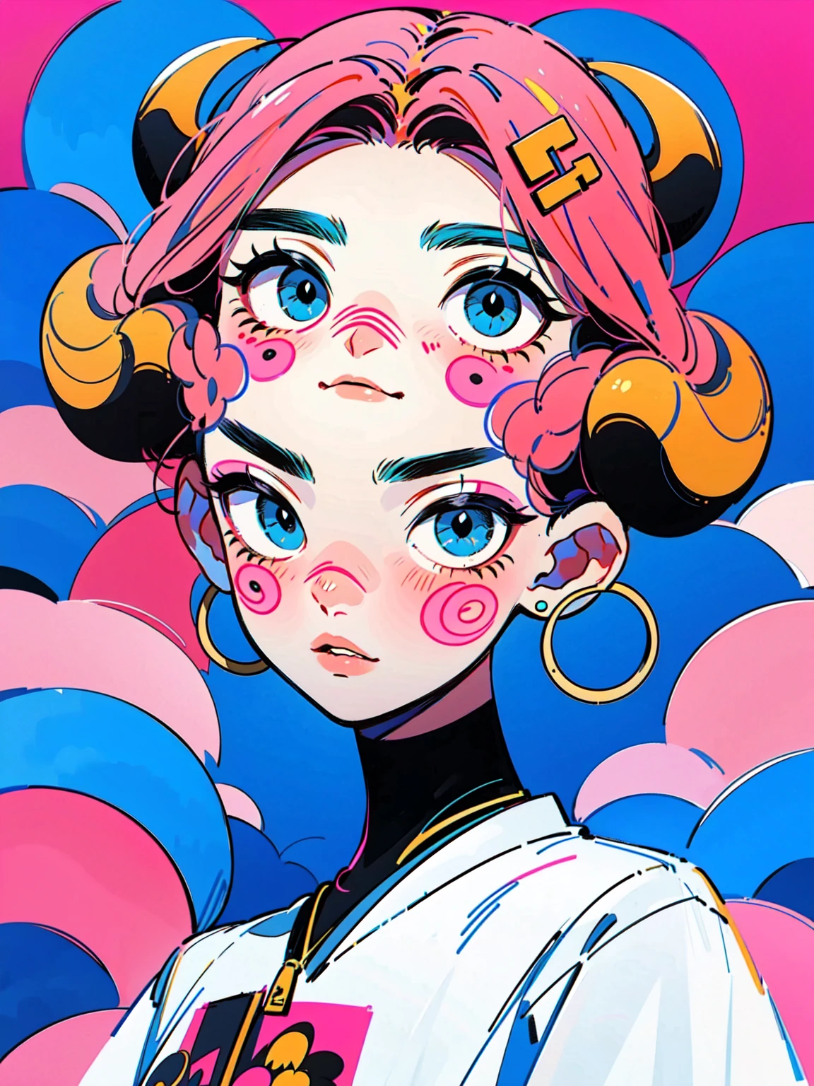 4lb1n0, 1girl, electric pink hair, Big eyes, Flower pattern on eyes, Pupil shape, radiant teal eyes, chunky gold hoops, graphic t-shirt, glossy hot pink lips, portrait with playful wink, 80s mall background, masterpiece, best quality, cut3h0rnstyl3, slightly tilted head, horns, (Mall Rat Demon)
