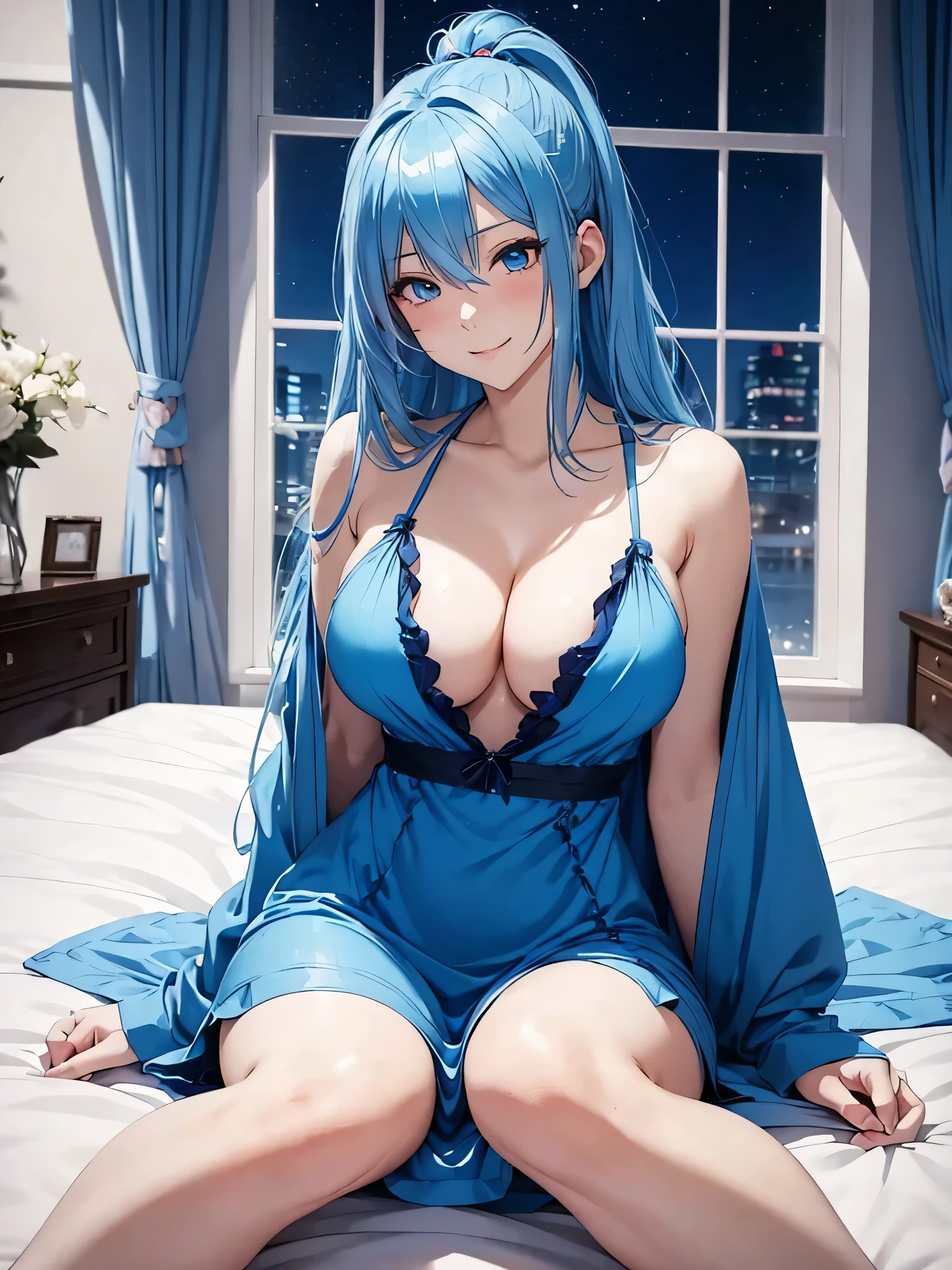 One anime girl with blue hair and blue eyes sitting on the bed, Enchanting anime girl, Beautiful and attractive anime woman, Full body shot, Nightcore, From Girls Frontline, Breasts covered and SFW, Attractive anime girl, She has big breast, Sexy smile, In a sexy pajama dress, pony tale