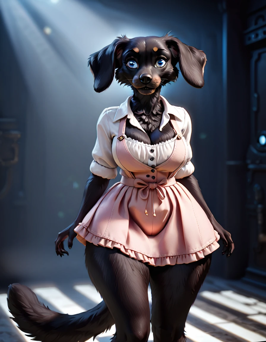 Maned black dog, female, smock, panty, nipple outlines, frustrated expression, blushing, thick thighs, wide hips, tall, busty, cleavage, (anthro furry:1.3, snout:1.2, anthro:1.3, furry:1.2, female:1.2, small black dog tail, adorable, feminine, extremely detailed, 3d, Cinematic, captivating, blue eyes, full body, floppy ears