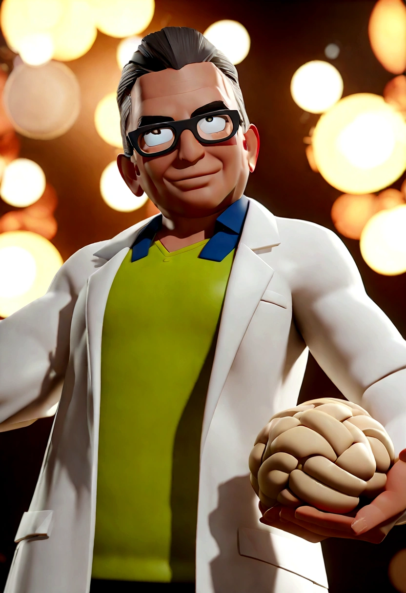 Cartoon character of a man with white glasses and a lab coat, Holding a brain, animation character, Caractere estilizado, animation style rendering, 3D estilizado, Arnold Maya render, 3 d render stylized, toon render keyshot, Personagem 3D, Personagem 3D, 3d rendering stylized, 3 d character render, personagem de desenho animado, Personagem de close up, Pose de personagem, (Estilo Pixar) (master part:1.2) (Bokeh) (best quality) (pele detalhada) (textura detalhada) (8k) (argila) (Cinematic lighting) (sharp focus