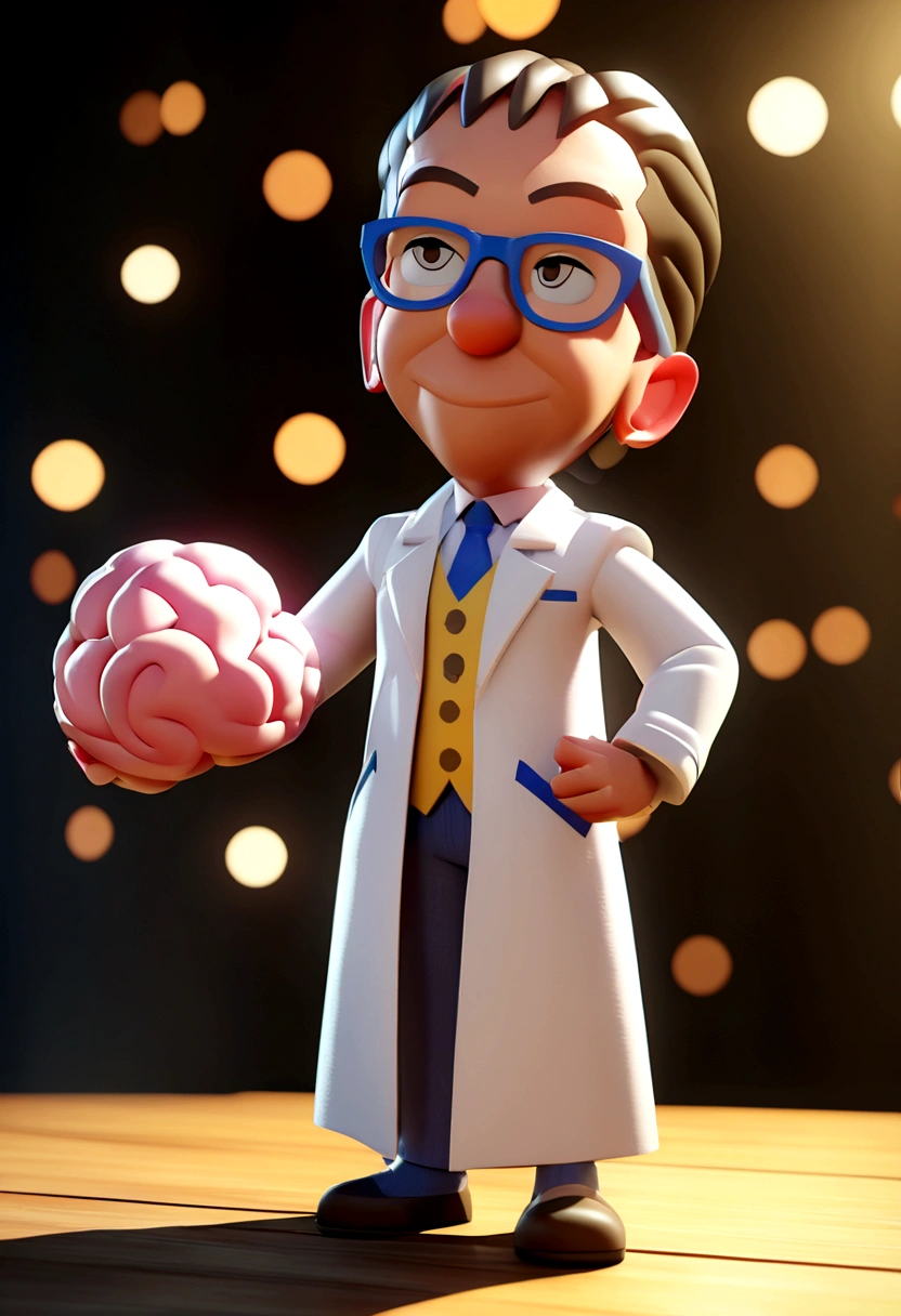Cartoon character of a man with white glasses and a lab coat, Holding a brain, animation character, Caractere estilizado, animation style rendering, 3D estilizado, Arnold Maya render, 3 d render stylized, toon render keyshot, Personagem 3D, Personagem 3D, 3d rendering stylized, 3 d character render, personagem de desenho animado, Personagem de close up, Pose de personagem, (Estilo Pixar) (master part:1.2) (Bokeh) (best quality) (pele detalhada) (textura detalhada) (8k) (argila) (Cinematic lighting) (sharp focus