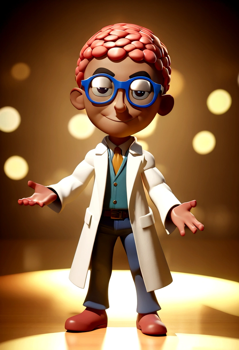 Cartoon character of a man with white glasses and a lab coat, Holding a brain, animation character, Caractere estilizado, animation style rendering, 3D estilizado, Arnold Maya render, 3 d render stylized, toon render keyshot, Personagem 3D, Personagem 3D, 3d rendering stylized, 3 d character render, personagem de desenho animado, Personagem de close up, Pose de personagem,  (Estilo Pixar) (master part:1.2) (Bokeh) (best quality) (pele detalhada) (textura detalhada) (8k) (argila) (Cinematic lighting) (sharp focus