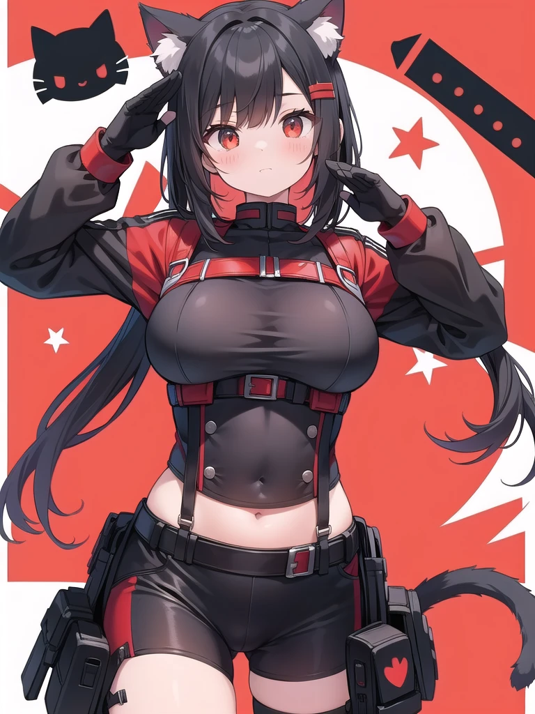 soldier,Red Mark,Black helmet,girl,belly button,Big Breasts,Cat ear,Red and black clothes,salute,Black Hair Boyish
