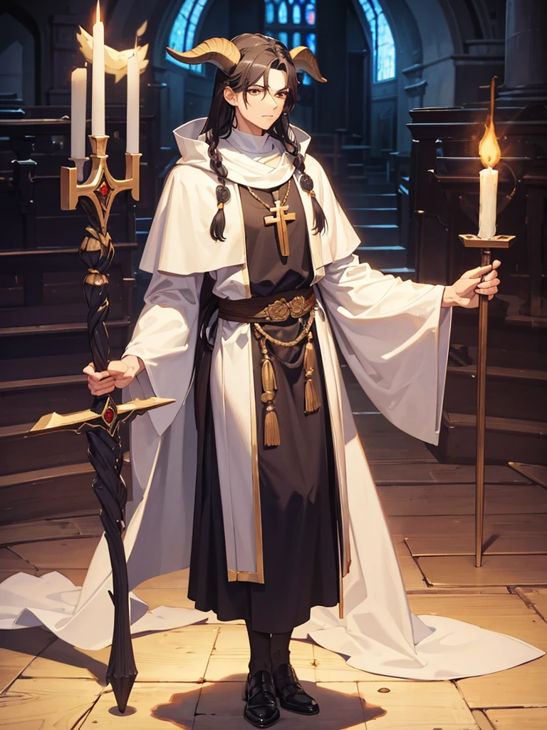Priest, big chest, withe hair, goat horn, Hand in hand.,full body, a church, witch staff, hold staff , female