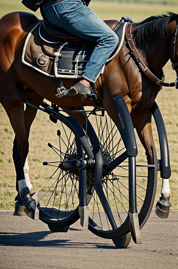 Horse with wheels instead of hooves no legs below the wheel on the legs