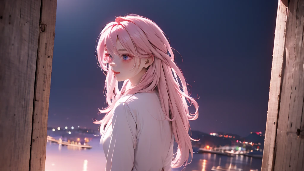 1 girl, medium light pink hair, light pink eyes, wearing white suit, night city, absurdres, high res, ultrasharp, 8K, masterpiece, looking from behind