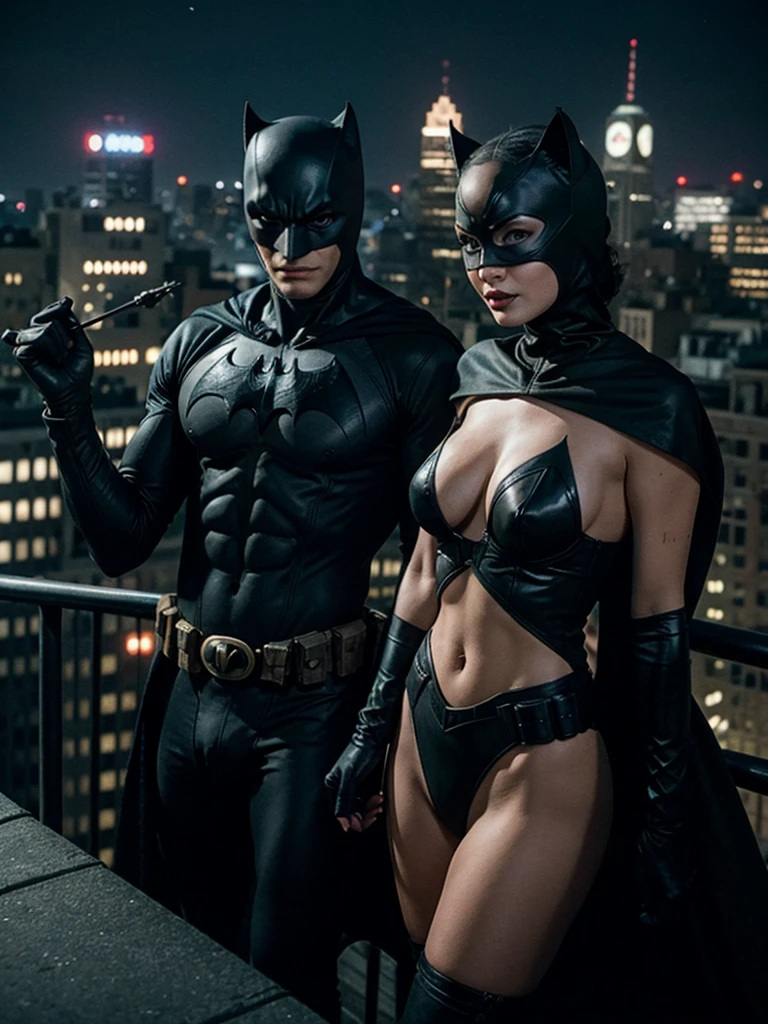 a masked half naked Catwoman stands with Batman on a rooftop in 1940's Gotham City at night