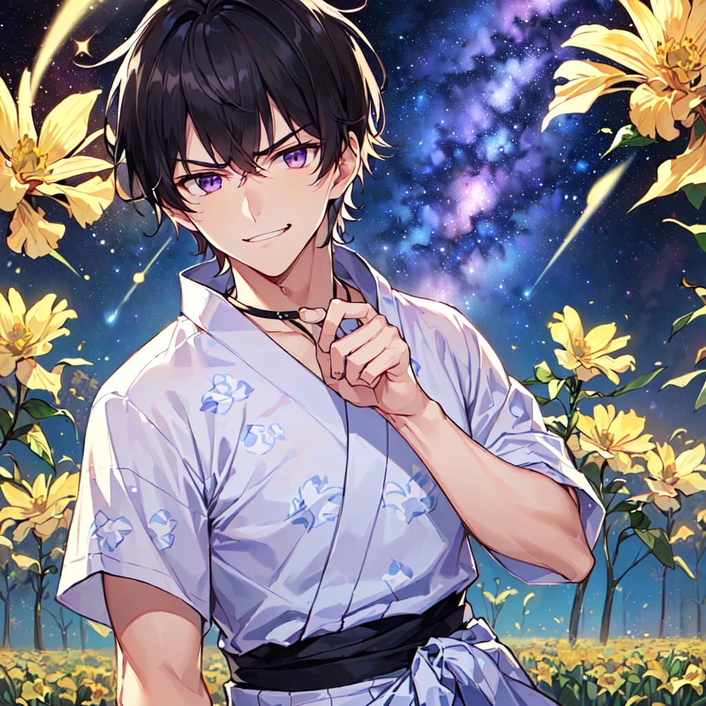masterpiece,best quality,high quality,(1 male austere handsome solo adult age 30 years:1.5), purple eyes, cool with suspended eyes, V-shaped eyebrows, body strong and fearless 8.5 head tall, height 185 cm, (well-groomed black short hair to neck: 1.4), (bangs 7 thirds parted: 1.4), slender nose, facial muscles, throat, (trousers with yukata short sleeved southern star print: 1.3), (running), (stylish pose), (scowling smile: 1.3), (dynamic pose), (background Milky Way and southern star flower field: 1.5), (upper body:1.3)