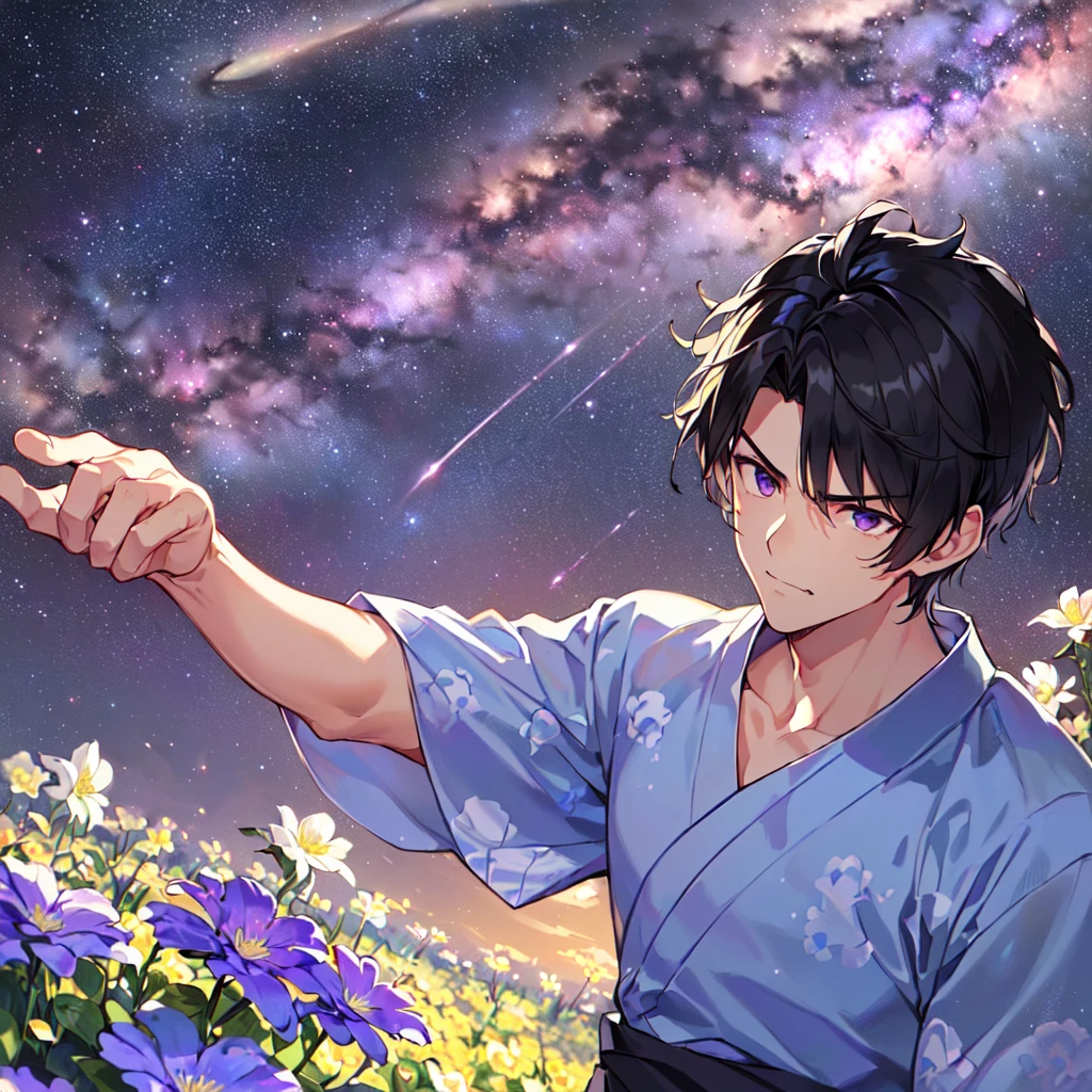 masterpiece,best quality,high quality,(1 male austere handsome solo adult age 30 years:1.5), purple eyes, cool with suspended eyes, V-shaped eyebrows, body strong and fearless 8.5 head tall, height 185 cm, (well-groomed black short hair to neck: 1.4), (bangs 7 thirds parted: 1.4), slender nose, facial muscles, throat, (trousers with yukata short sleeved southern star print: 1.3), (running), (stylish pose), (scowling smile: 1.3), (dynamic pose), (background Milky Way and southern star flower field: 1.5), (upper body:1.3)