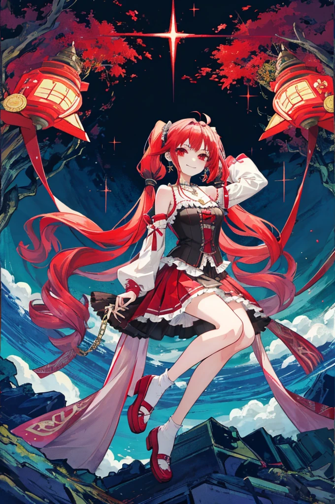 {{Eroge,Game CG,High quality game CG},{{{1girl in}}},{{masutepiece}}, {{{Best Quality}}}, {{Ultra-detailed}}, {{Illustration}},,{{magical little girl}},brooches,,,, {{disheveled hair}},,Big hair, Gradient Hair,Small breasts,,,Drill Hair, {pocket watch},absurdly long hair, Dreadlocks, Red hair, Red hair,Red hair,Gradient Hair,((Evil smile)), v shaped_eyebrows, zettai_ryouiki,,,, floral print and pleated skirt. Add accessories like fringed earrings or a statement necklace.、Complete the look. Gather on the grassland with adventurers,burning city background,((Shoulders and arms are exposed)),(Evil smile),Furious,(Evil smile),(loli girl),(loli girl),Jewel-like red eyes,(Arms Exposed),((high twintails)),twintails, girl,((full body)),angry,burning city,turn around to look at me,slender body,mini skirt,