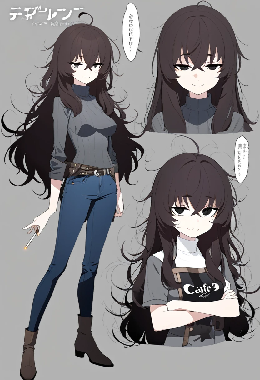 One Woman,Downer,older sister,Concept Art,Dark brown hair,Straight hair with slight inward curls,Staring eyes,Eye Ridge,black eye,Crossed bangs,whole body,smile,Slightly larger breasts,Gray background,Bangs that reach down to the eyes,Messy hair,Tight dark jeans,Gray turtleneck sweater,Multiple views of the same character,Character Design,Dark circles under the eyes,Bad look,Listless,Sloppy,accessories,Cafe staff,Holding a cigarette,whole bodyCharacter Design,Detailed hands,Height: 170cm,boots,