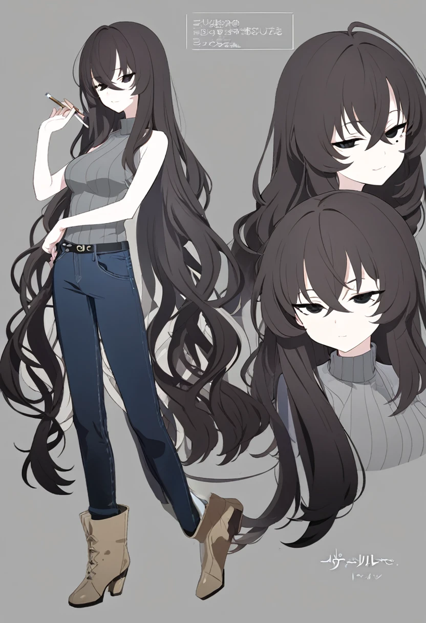 One Woman,Downer,older sister,Concept Art,Dark brown hair,Straight hair with slight inward curls,Staring eyes,Eye Ridge,black eye,Crossed bangs,whole body,smile,Slightly larger breasts,Gray background,Bangs that reach down to the eyes,Messy hair,Tight dark jeans,Gray turtleneck sweater,Multiple views of the same character,Character Design,Dark circles under the eyes,Bad look,Listless,Sloppy,accessories,Cafe staff,Holding a cigarette,whole bodyCharacter Design,Detailed hands,Height: 170cm,boots,